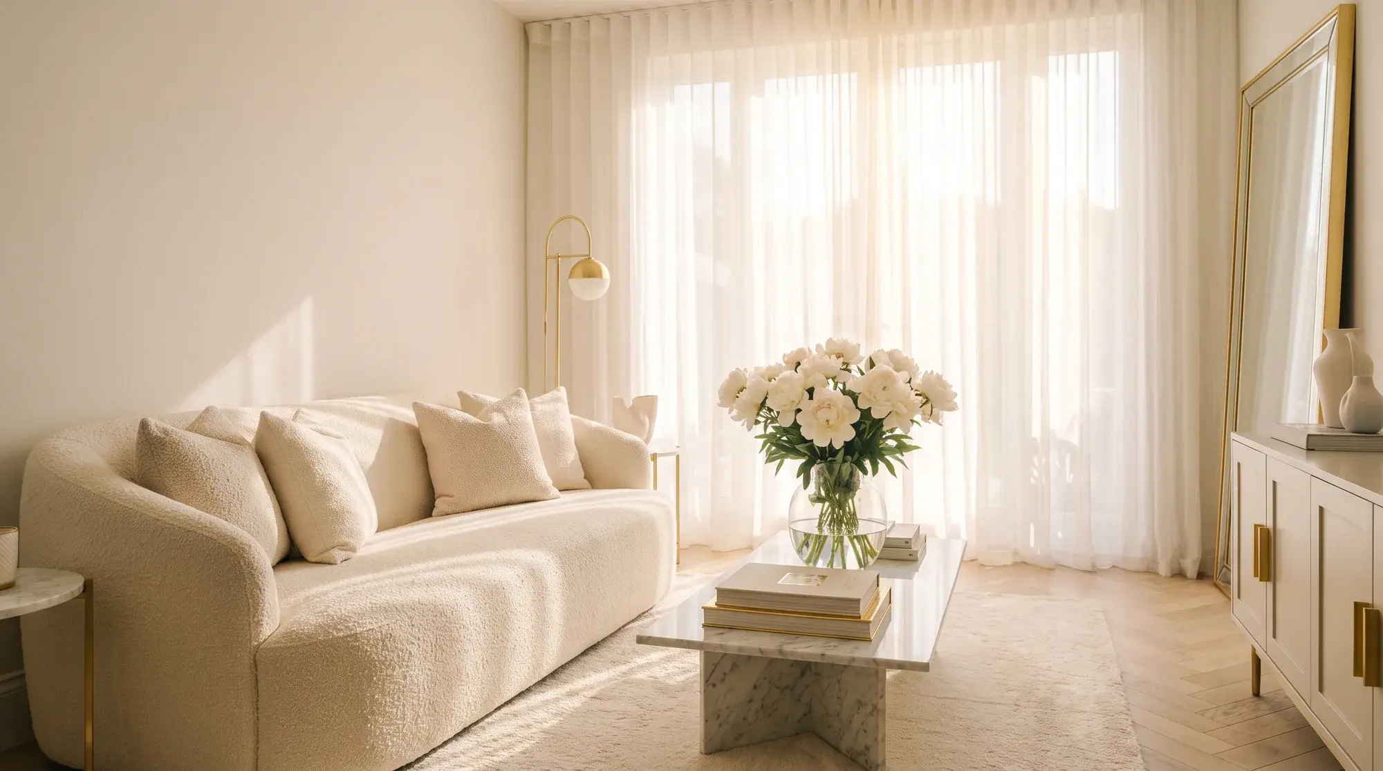 A sunlit, freshly cleaned living room in soft cream and blue, with white peonies on a marble table