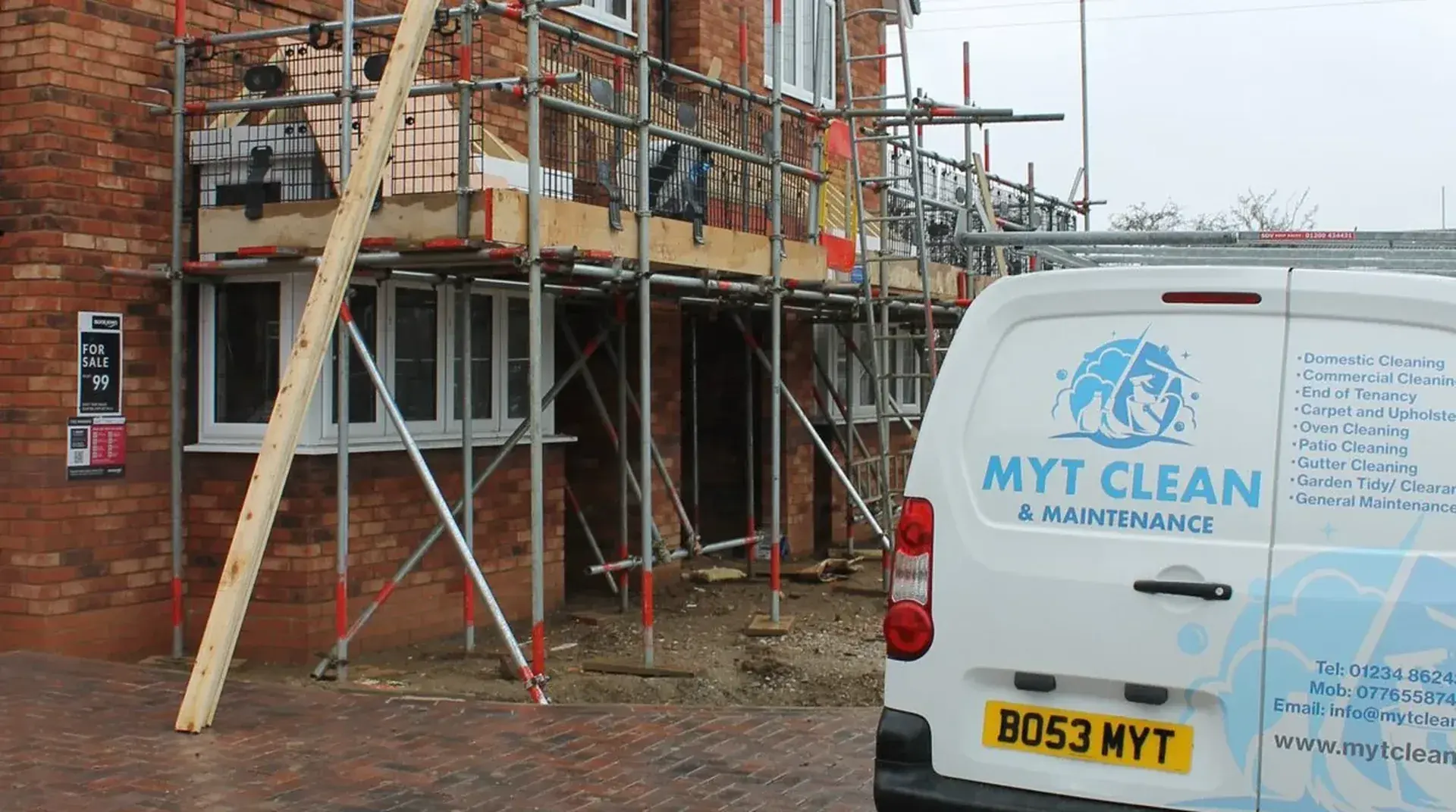 A MyT Clean van parked outside a new build home in Bedfordshire